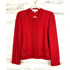 St. John Womens 10 Red Wool Crochet Knit Zip Front Designer Jacket NEW